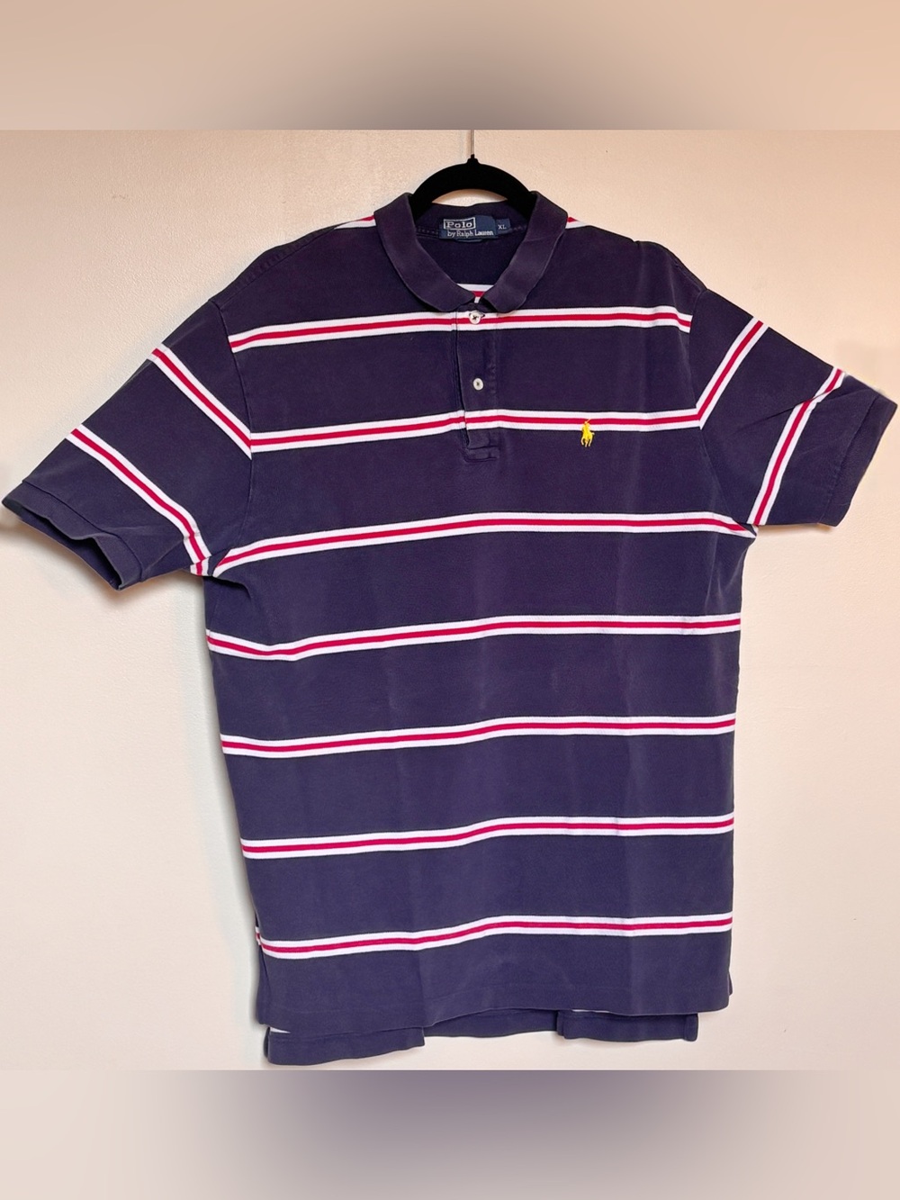 Men’s Polo by Ralph Lauren Navy Polo with White and Red Stripes size XL